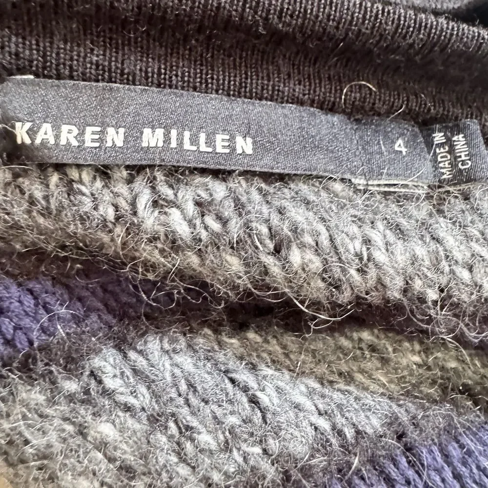 Karen Millen Cardigan Sz 4 Gray Black Blue Striped Cotton Mohair Blend Zip Pocke